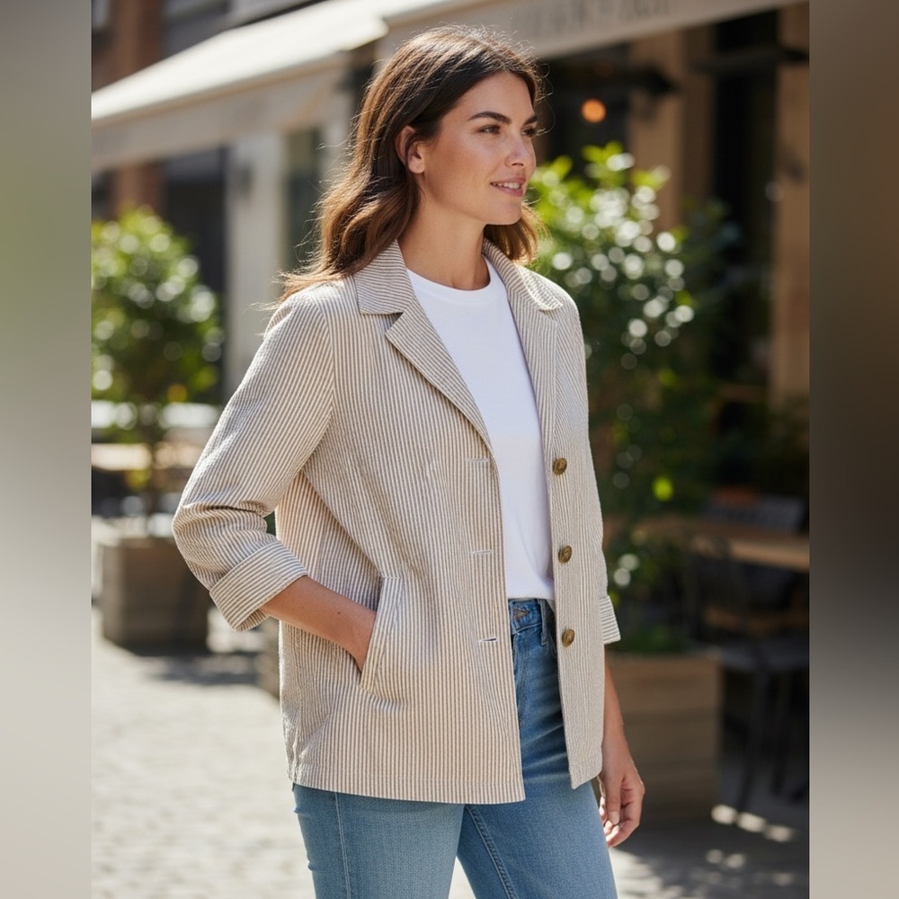 Women’s Striped Tan/White Cropped Sleeve Cotton Textured Collared Button Jacket